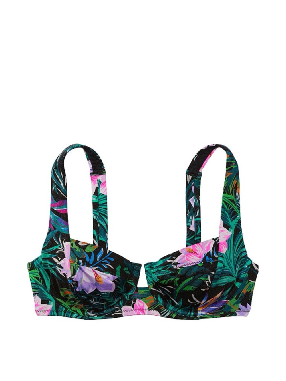 Victoria's Secret Black Floral Underwire Bikini Top with Green Leaves